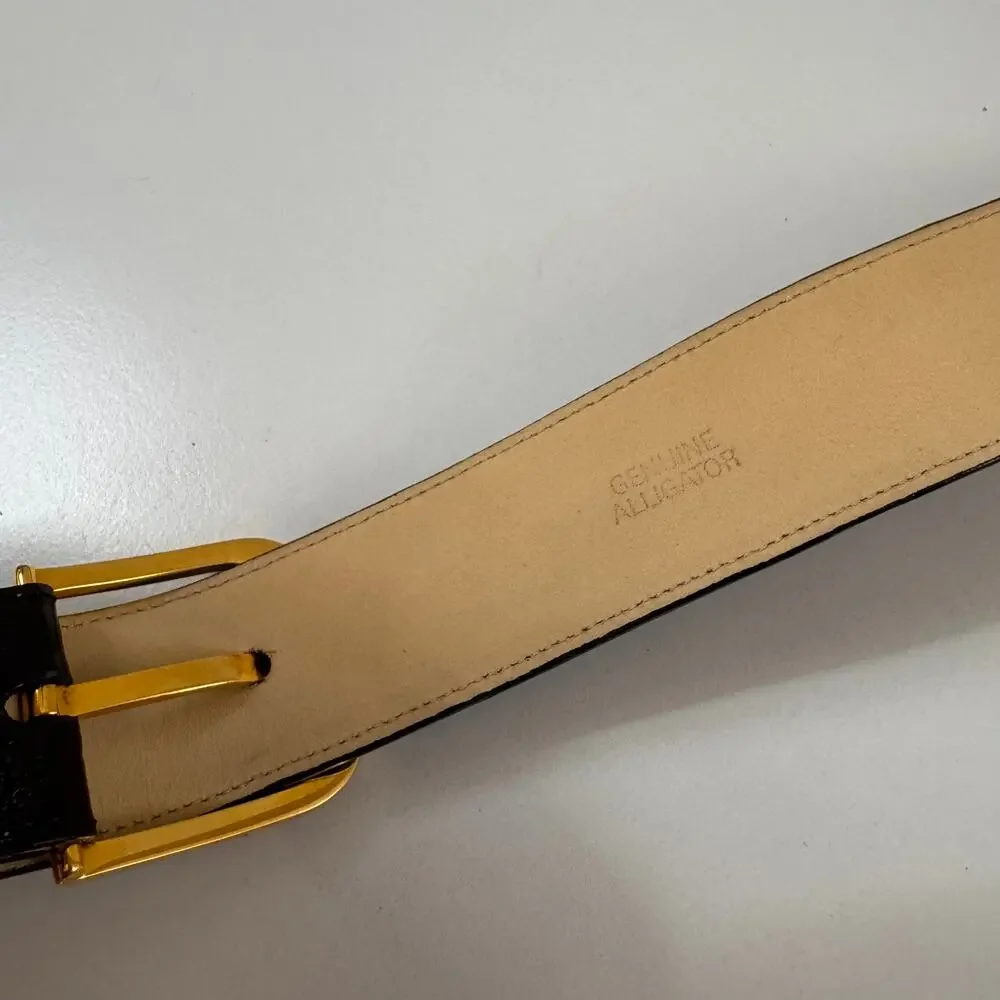 T. Anthony Men French Calf Belt Black Alligator Embossed Leather Gold Buckle 38